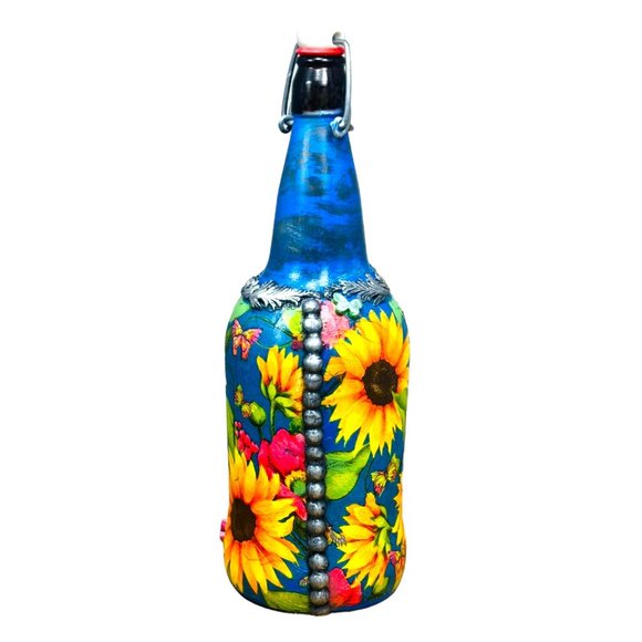 Hand Painted, Decoupaged and Molded Clay Grolsch-Style Bottle Poppy & Sunflowers - Picture 11 of 17